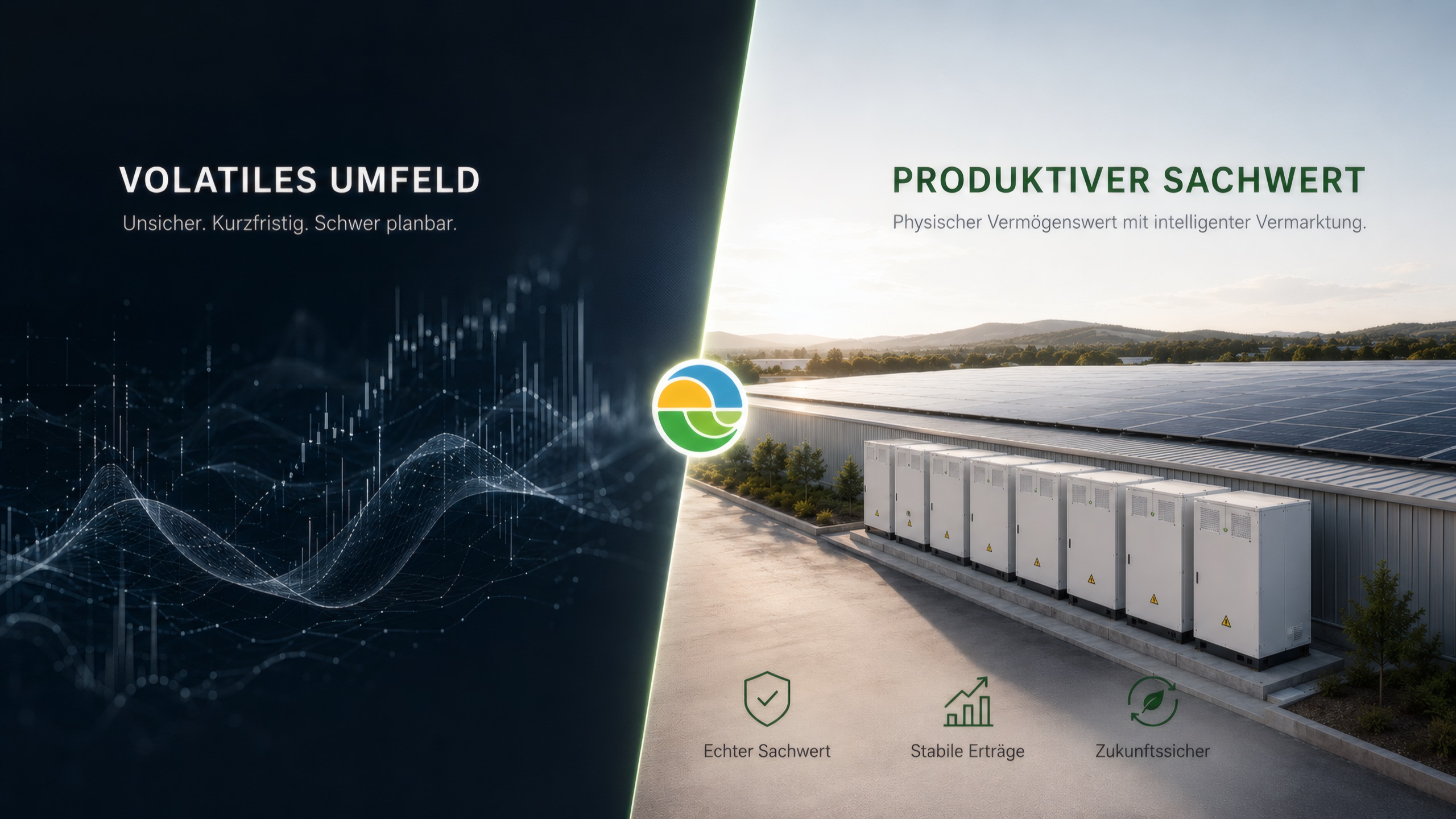 Gegenüberstellung: volatiles Marktumfeld gegenüber einem produktiven Sachwert — Grünstromkraftwerk mit Speicher-Reihe