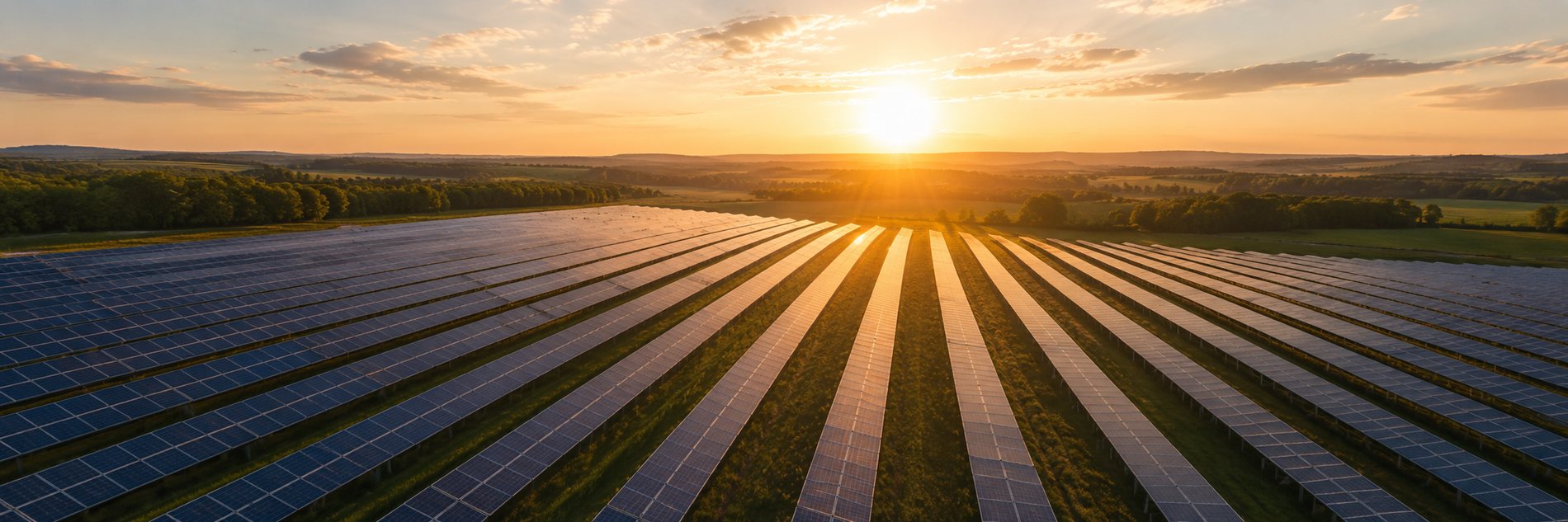 Solarpark im Sonnenuntergang — Luftaufnahme einer realisierten Projecta-Anlage